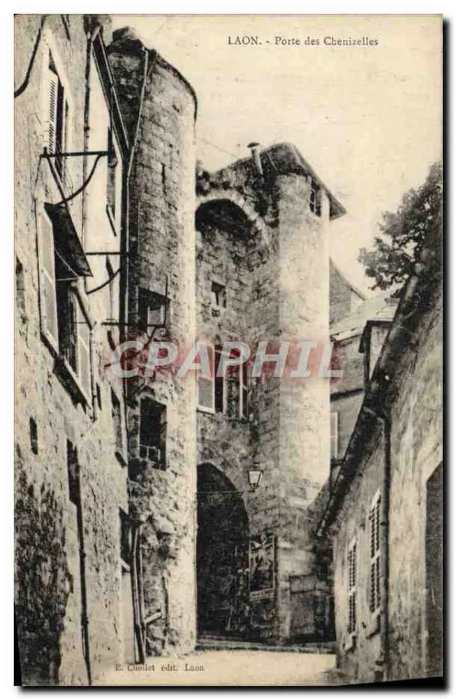 Laon - Poort van de Chenizelles — uitzicht op de middeleeuwse poort met ronde torens — E. Cuollet uitg. Laon - Voorkant
