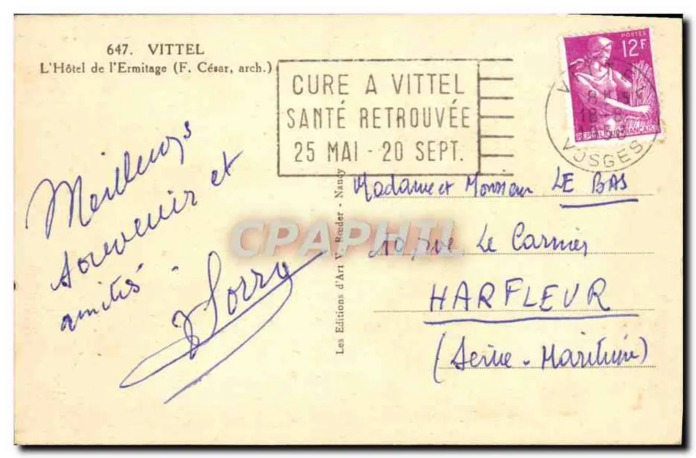 Hotel de l'Ermitage — Vittel — Edições de Arte Y. Rader, n°647 - Verso