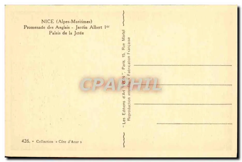 Nice (Alpes-Maritimes) — Promenade des Anglais, Jardin Albert Ier, Palais de la Jetée — Éditions d'Art Y. Vé N. Paris - Rückseite
