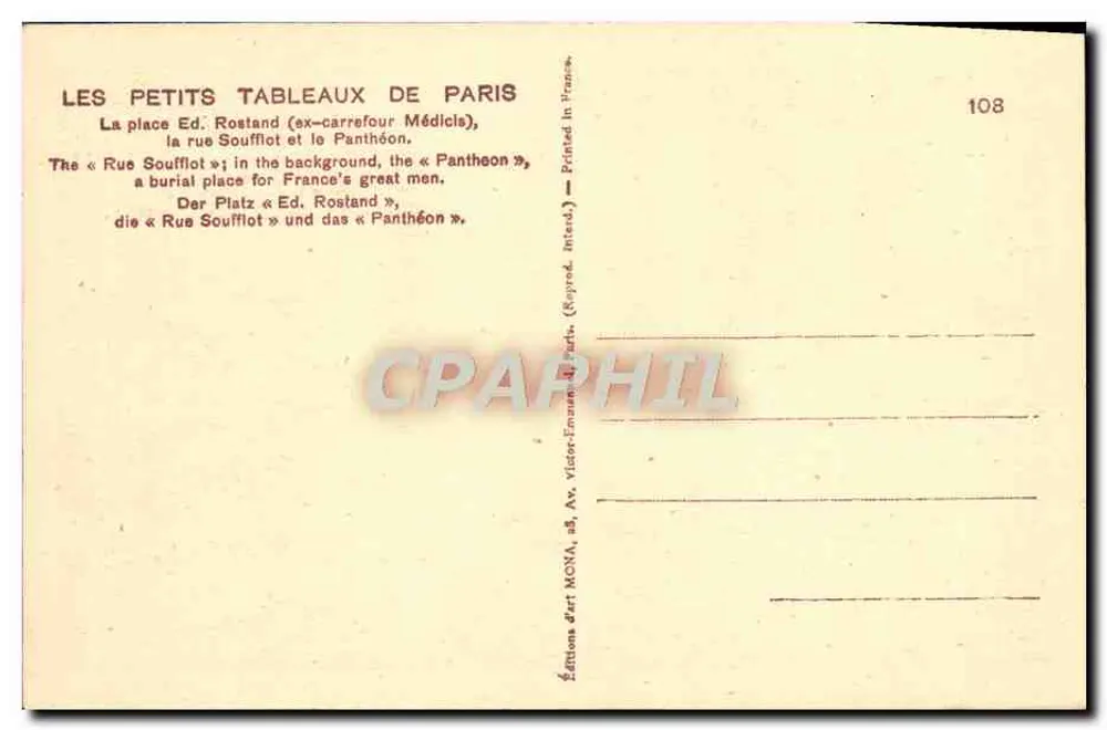 Place Ed. Rostand — rue Soufflot und der Panthéon — Éditions d'Art Mona, Nr. 108 - Rückseite