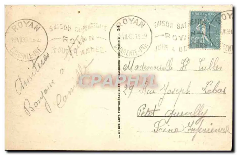 Royan — A Esplanada do Casino — Bilhete postal antigo n°319 - Verso