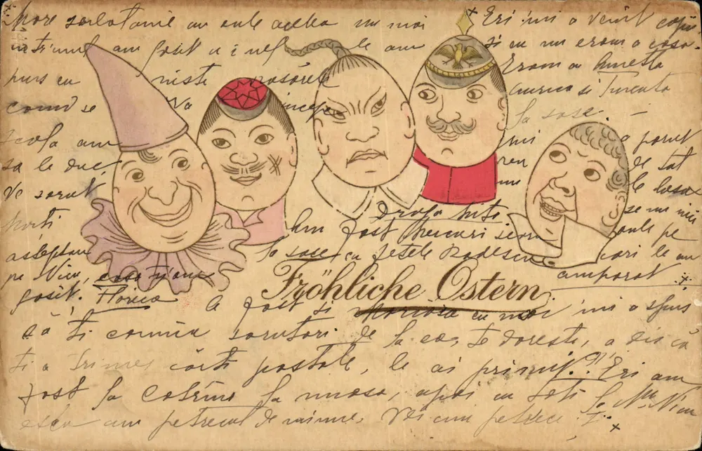 Cinq personnages caricaturés — scène humoristique — éditeur 'Postkarte.' imprimé sur la carte - Voorkant