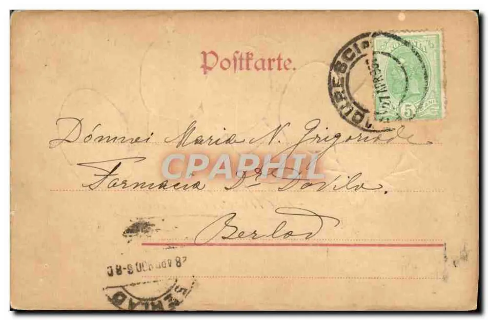 Cinq personnages caricaturés — scène humoristique — éditeur 'Postkarte.' imprimé sur la carte - Achterkant