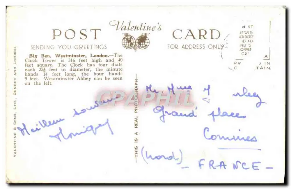 Big Ben, Parliament Square, Londres — vue aérienne — éditeur Valentine & Sons, Ltd., Dundee, n° H3492 - Verso