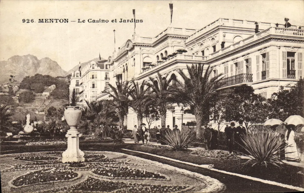 Menton — O Casino e Jardins — Estabelecimento de Fotografia Gilletta, Nice - Frente