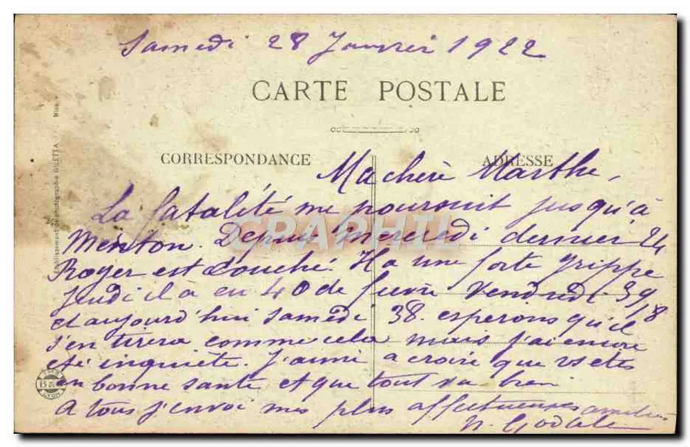 Santuário de N.-D. de LAGHET — arredores de Nice — editor G. GLETTA, n° 1092 bis - Verso