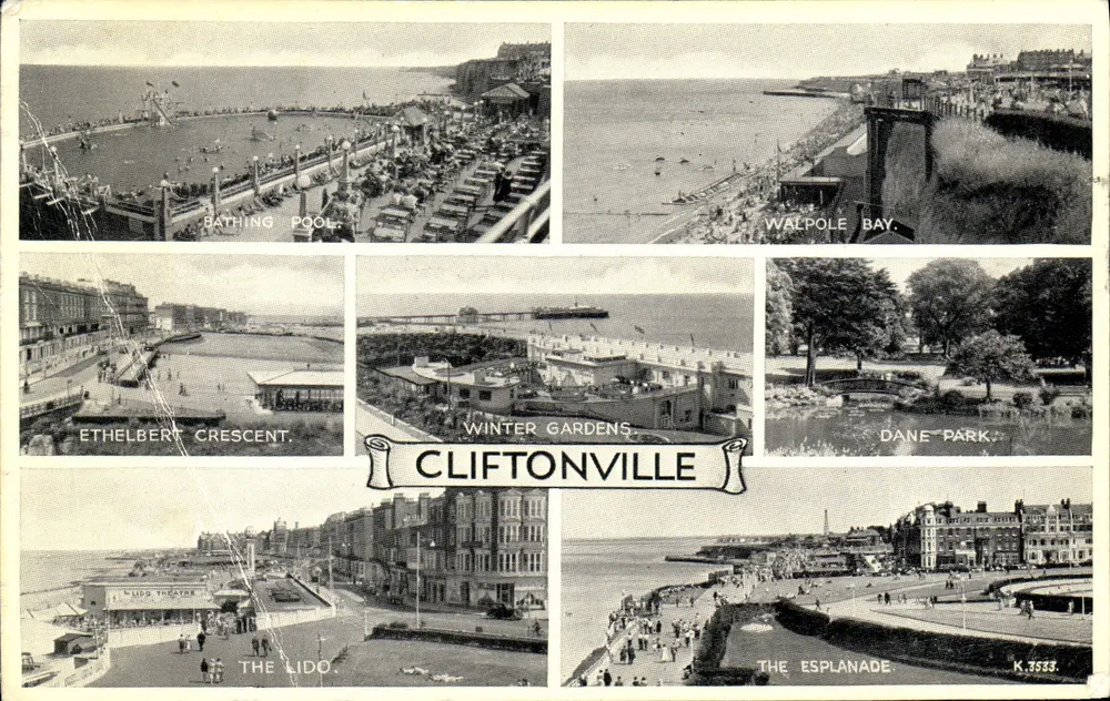 Cliftonville — vue panoramique des attractions et promenades — publiée par Valentine & Sons Ltd. n° K.3533 - Vorderseite