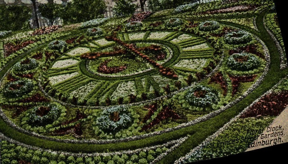 Relógio florido — West Princes Street Gardens, Edimburgo — Série Valentine's, Fabricação Britânica - Frente