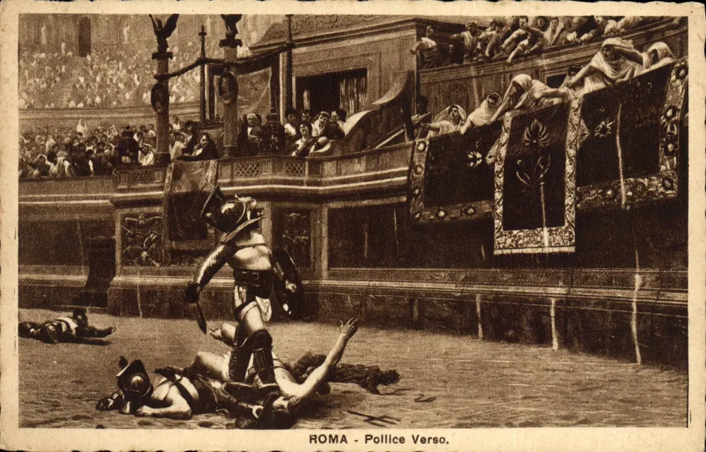 Roma - Pollice Verso — scena di gladiatori nell'arena — editore non identificato - Recto