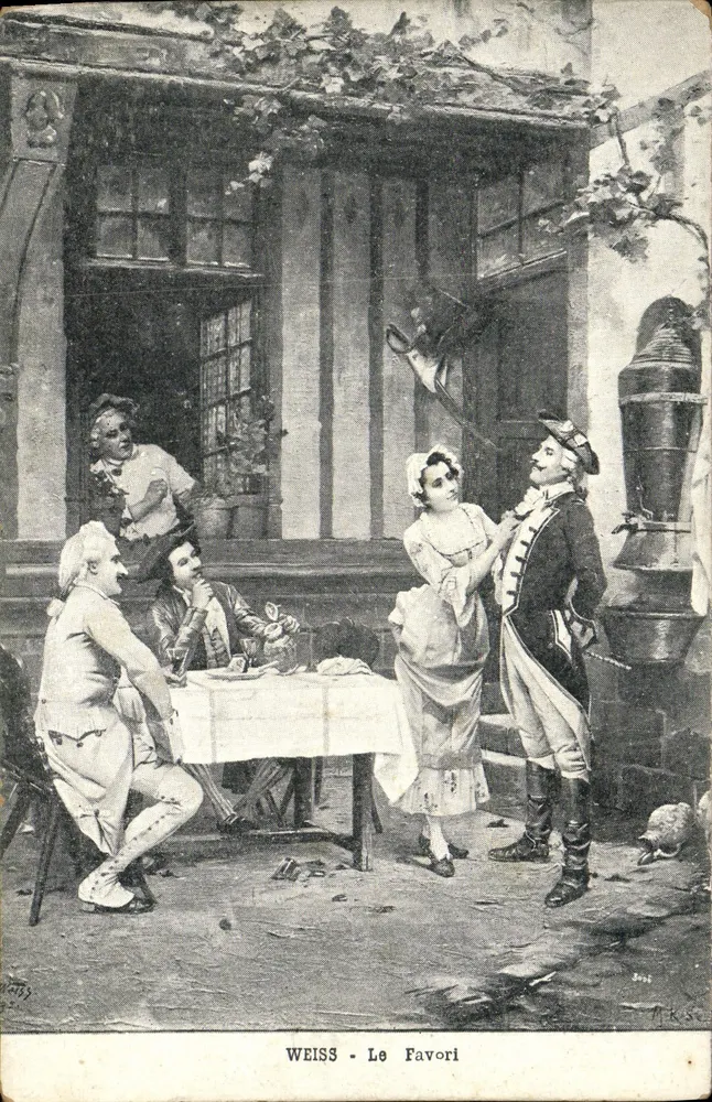 Le Favori — Straßenszene mit Figuren in historischen Kostümen — Weiss, n° 32 - Vorderseite