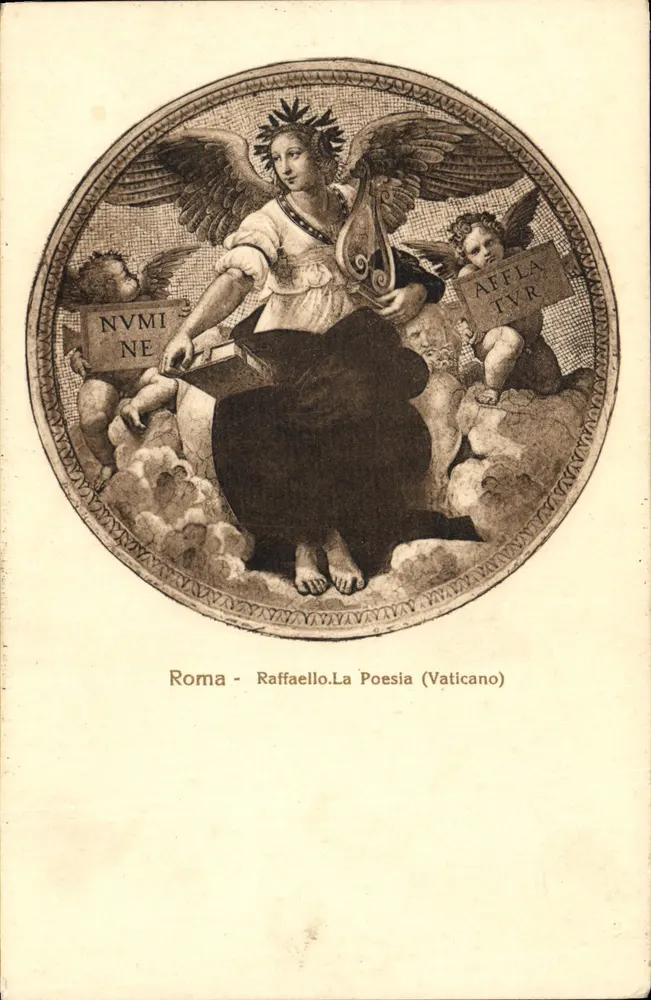 Roma - Raffaello. A Poesia (Vaticano) — gravura circular representando uma figura alada segurando uma lira, cercada de putti com inscrições latinas - Frente