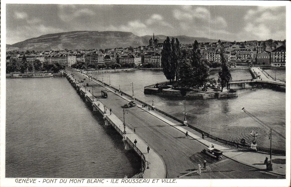 Genf - Brücke des Mont Blanc - Insel Rousseau und Stadt - Vorderseite
