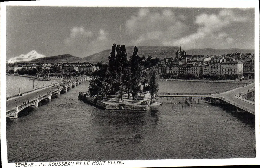 Genf - Île Rousseau und der Mont Blanc — Foto. Verlag O. Sartori - Genf - Vorderseite