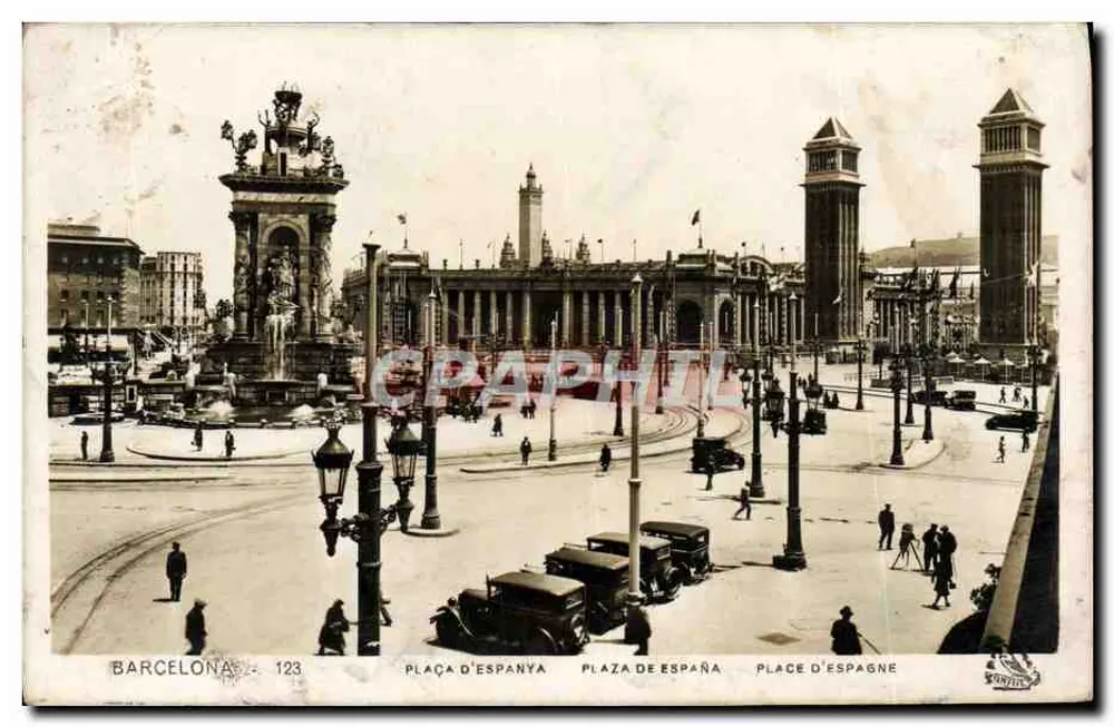 Barcelona — Place d'Espagne mit Brunnen und Türmen — Verlag 'Soville', n° 123 - Vorderseite