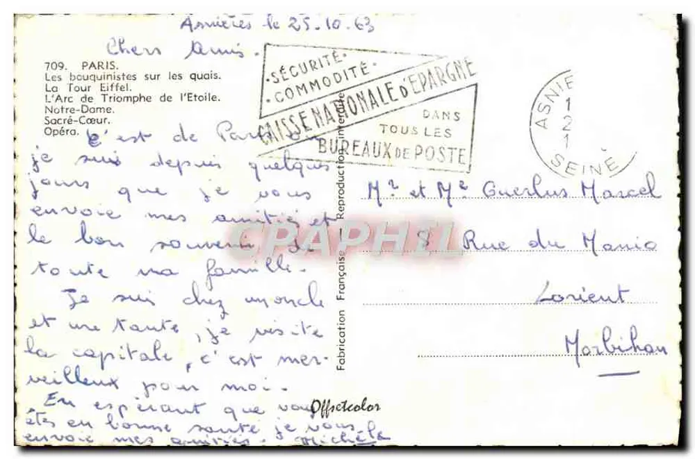 Paris — collage de monuments (Tour Eiffel, Arc de Triomphe, Notre-Dame, Sacré-Cœur, Opéra) — éditeur non visible, n° de série non lisible - Rückseite