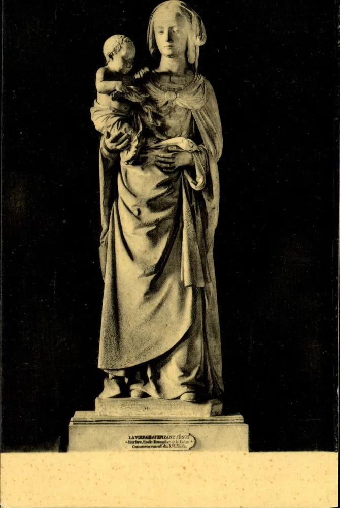 Virgem segurando Jesus — Estátua em mármore francês do século XVI — Editor Fernand Nathan - Frente
