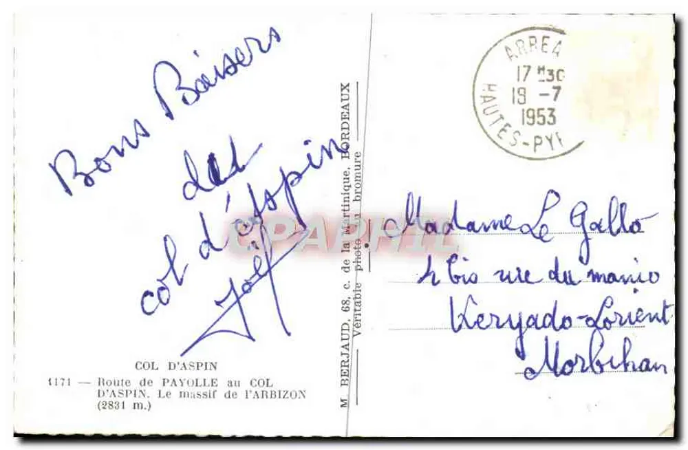 Col d'Aspin — Massiv von Arbizon — Verlag M. Berjaud - Rückseite