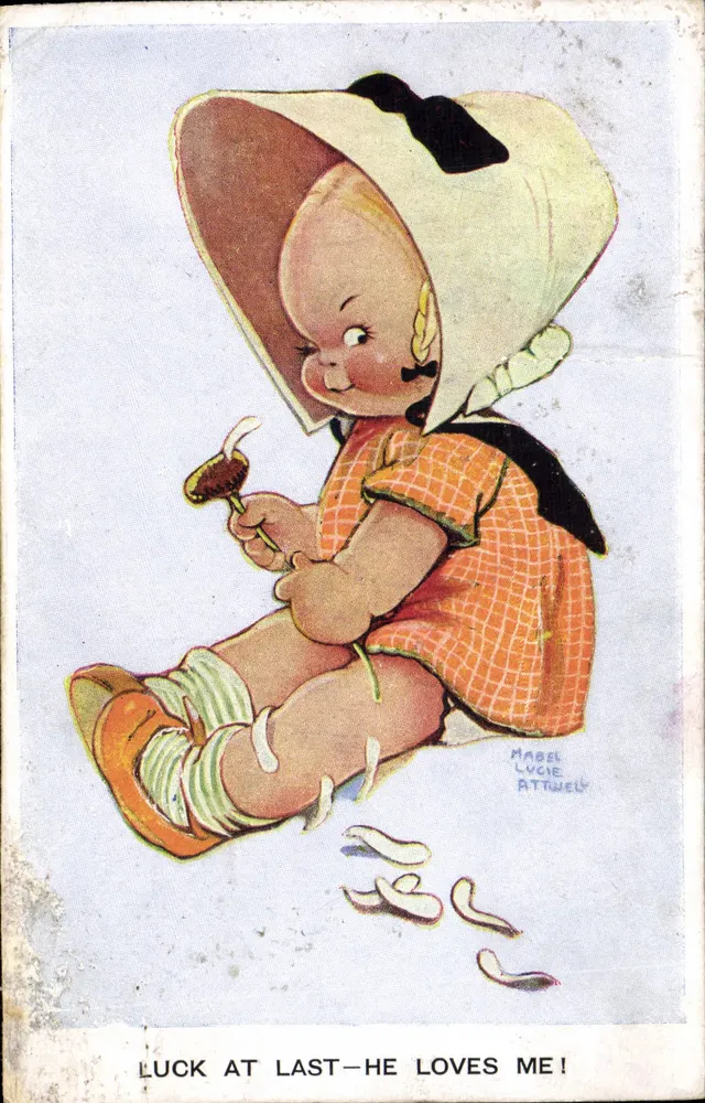 Bébé en bonnet à pompon — enfant assis tenant une fleur — dessin de Mabel Lucie Attwell - Vorderseite