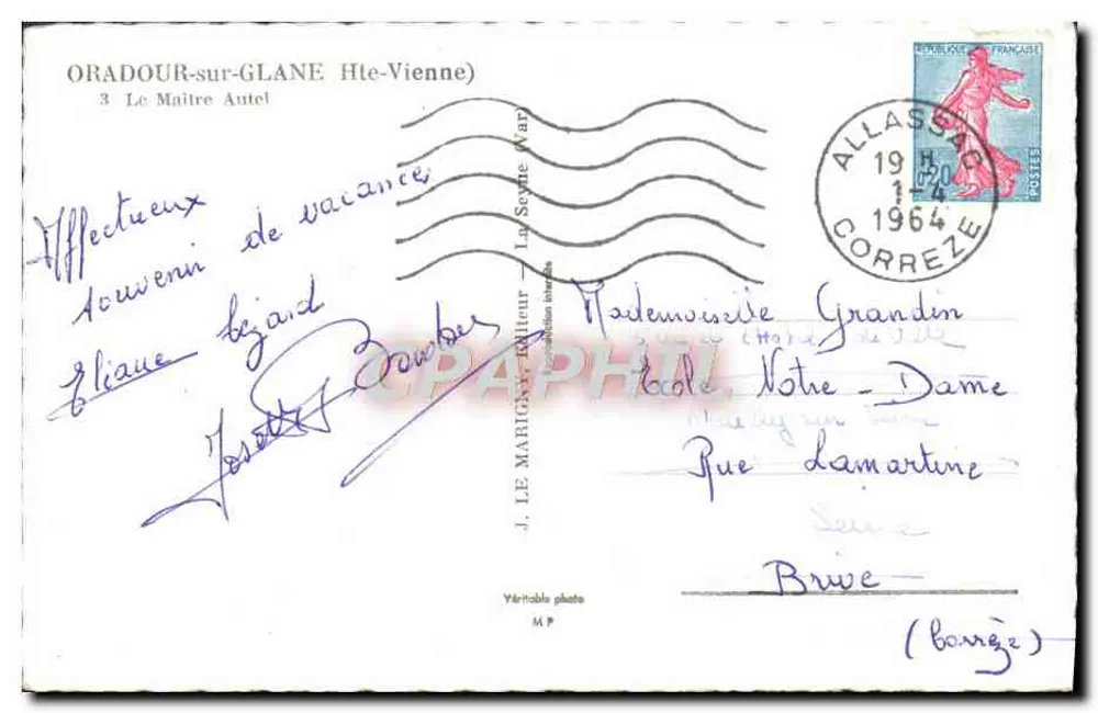 Innenansicht einer Kirche — Farbglasfenster und Altar — J. Le Marigot, Verlag - Rückseite