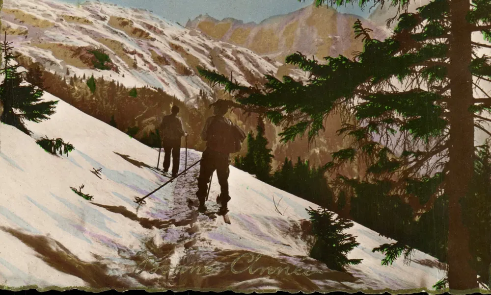 Dois esquiadores na montanha — Boa Ano — G. ARTAUD, Editor, Nantles - Frente