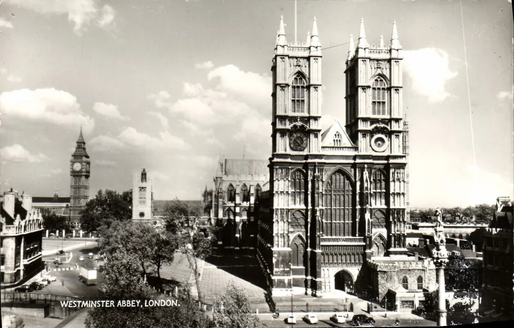 Westminster Abbey, Londres — vista panorâmica com Big Ben — A.V. Fry & Co. Ltd. - Frente