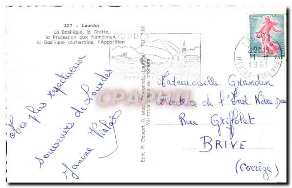 Lourdes — Panoramablick mit der Grotte, der Basilika und der Fackelprozession — Verlag P. Doucet, Nr. 207 - Rückseite