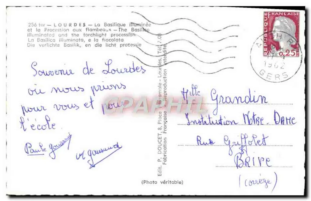 Lourdes — Die beleuchtete Basilika und die Prozession mit Fackeln — P. Doucet & Place Française - Rückseite