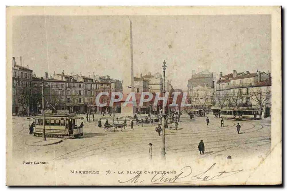 Marseille - La Place Casteldane — obélisque central, tramway en service — éditeur Pmot Lagour, n°78 - Voorkant