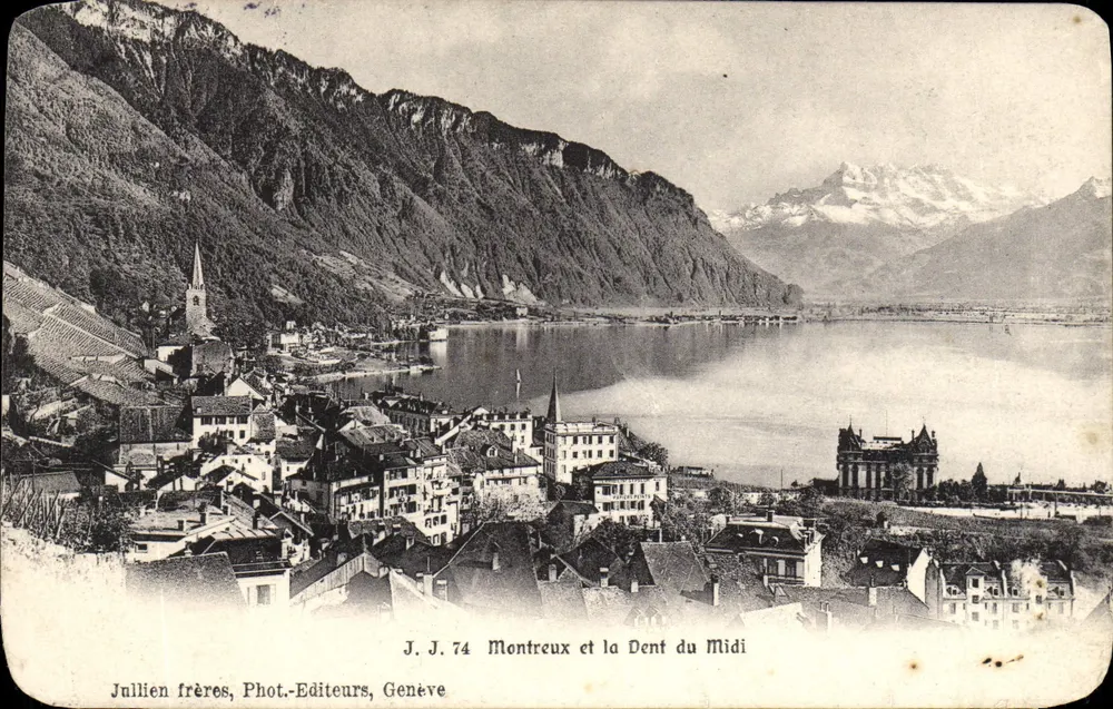 Montreux e la Dent du Midi — vista panoramica — J. J. 74, Jullien frères, Fotografi-Espositore, Ginevra - Recto