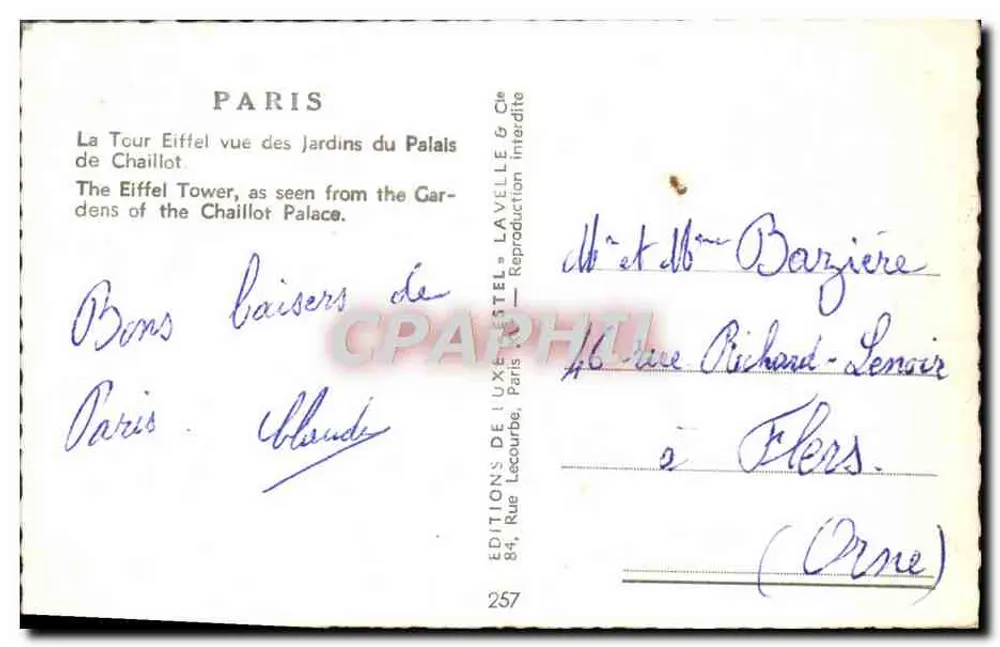 Eiffelturm aus den Gärten des Palais de Chaillot gesehen — Estel — Nr. 257 - Rückseite