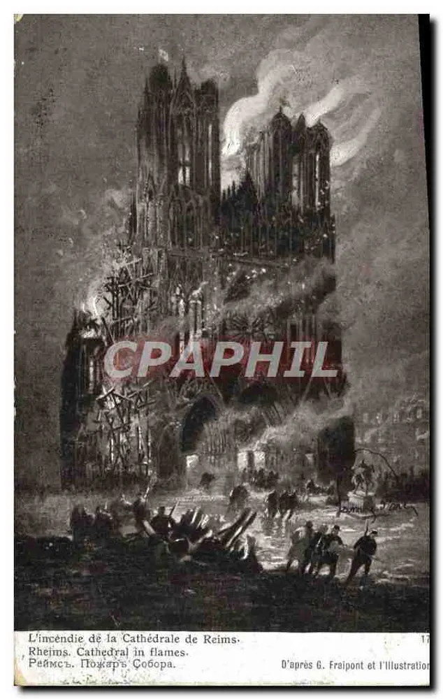 Kathedrale von Reims — Brand — nach G. Fraipont und der Illustration, europäische Ausgabe von 1914 - Vorderseite