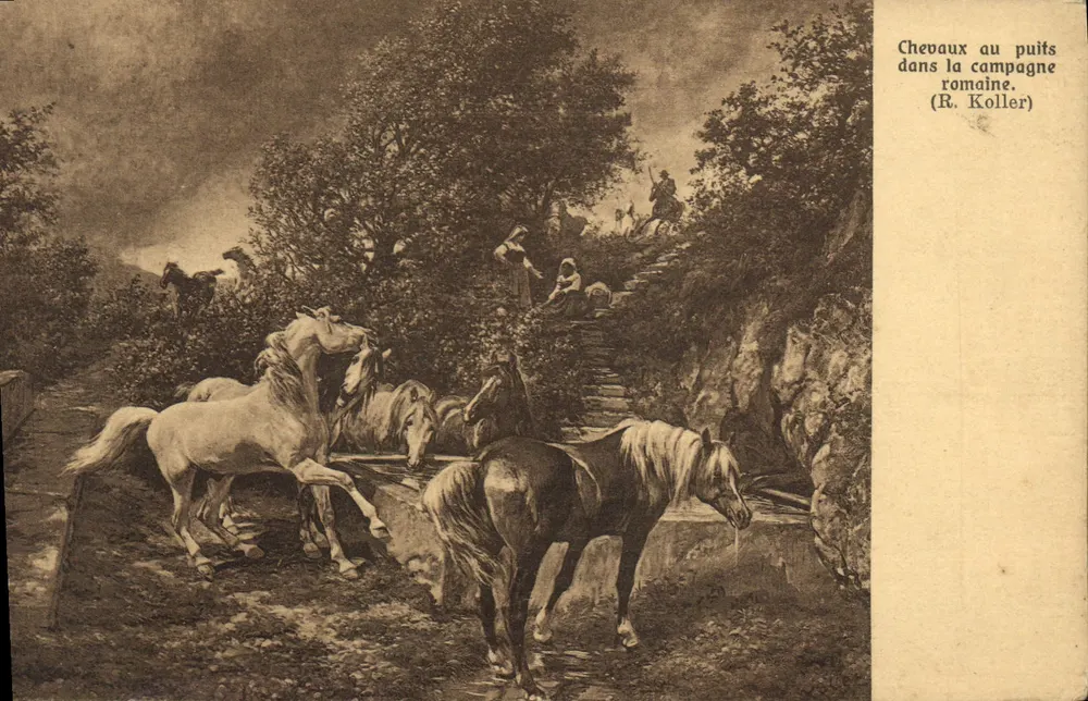 Pferde am Brunnen in der römischen Landschaft — R. Koller - Vorderseite