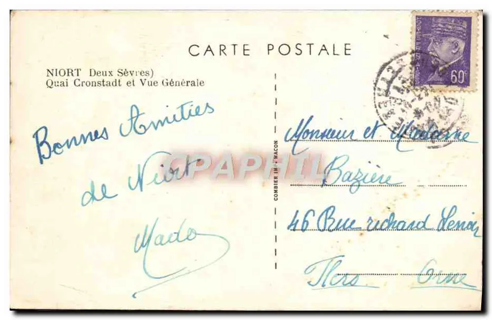 Niort - Quai Cronstadt und allgemeine Ansicht — Verlag Cim, Seriennummer nicht sichtbar - Rückseite