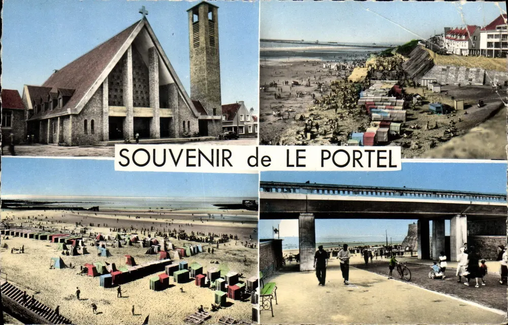Le Portel — Église, plage et pont — Éditeur BRONIOCOLOR - Frente