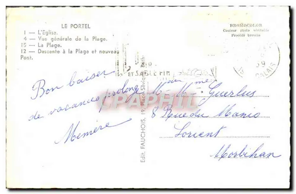 Le Portel — Église, plage et pont — Éditeur BRONIOCOLOR - Verso