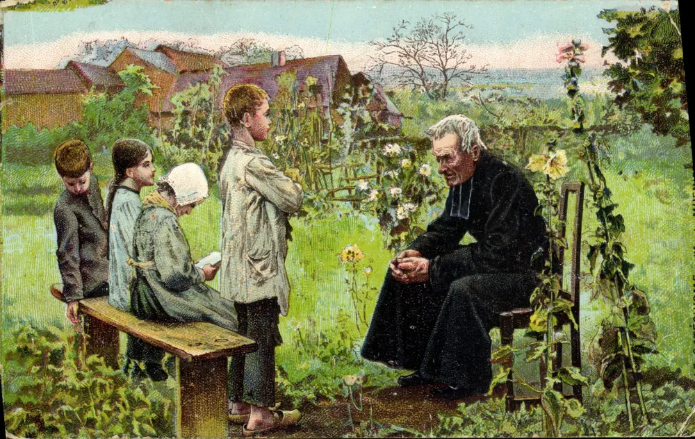 Enfants entourant un prêtre dans un jardin — scène pastorale — éditeur non visible - Frente