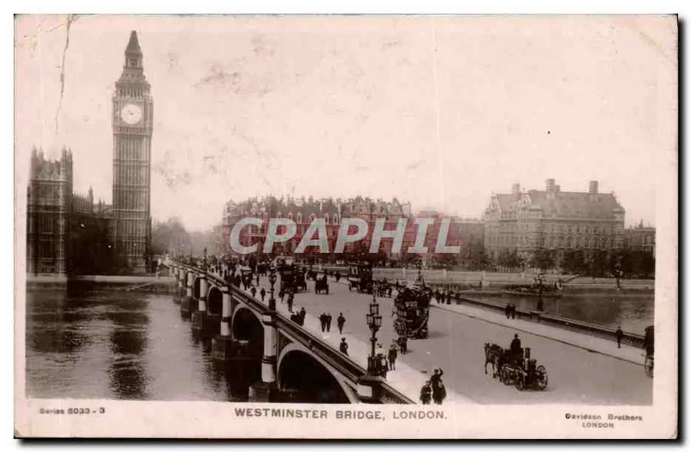 Westminster Bridge, Londres — vista com a torre do Big Ben — editor Davidson Brothers, série 5033-3 - Frente