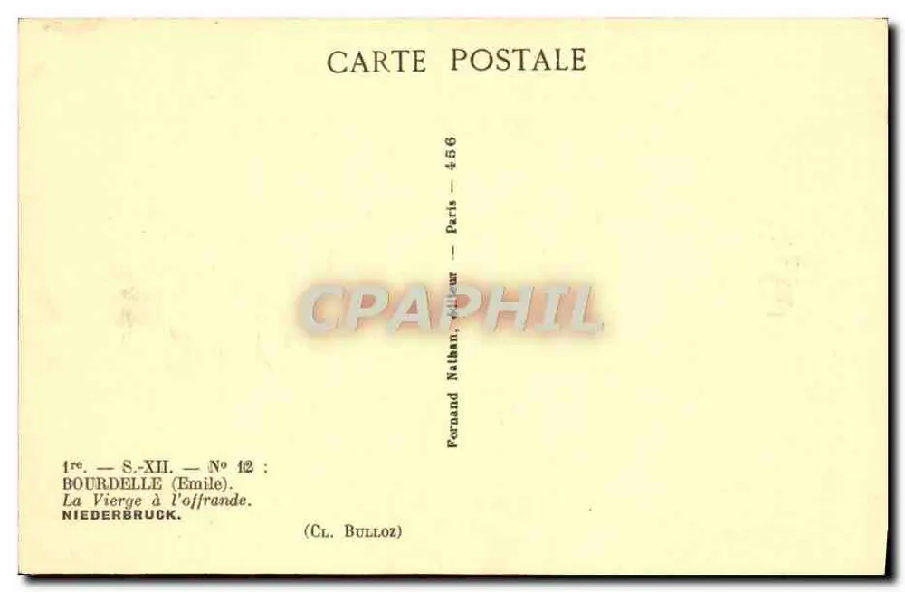 Die Jungfrau mit der Opfergabe — Skulptur von Bourdelle — Verlag Nahan, Paris, Nr. 456 - Rückseite