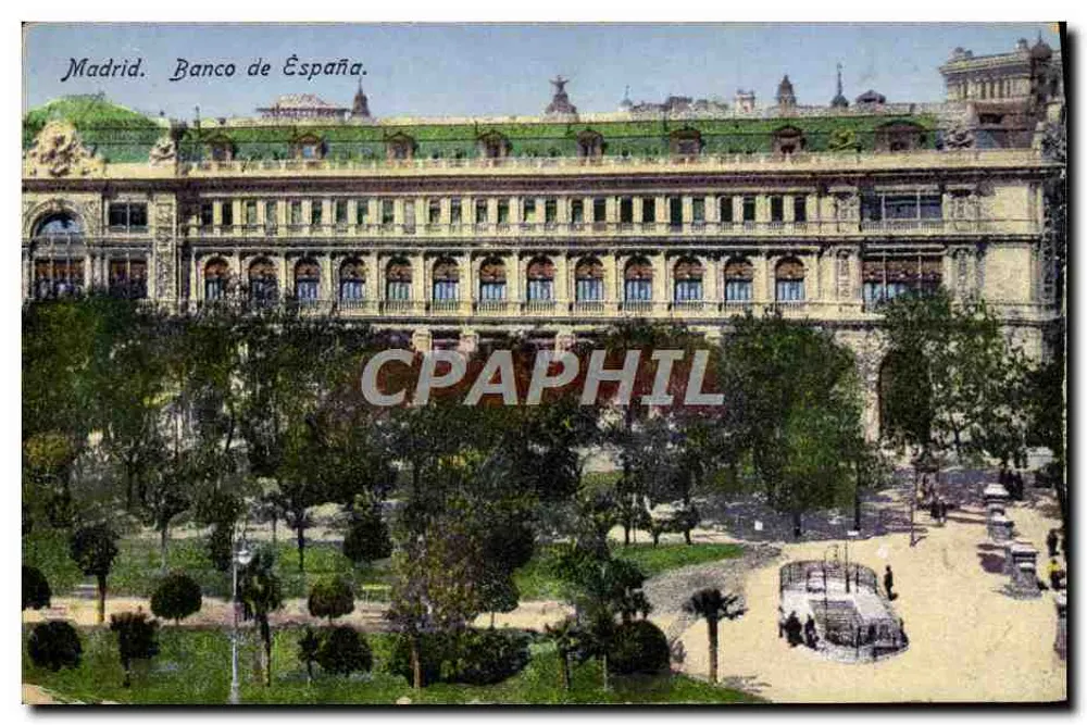Madrid. Banco de España — vista do edifício e do parque — editor desconhecido, número de série não visível - Frente