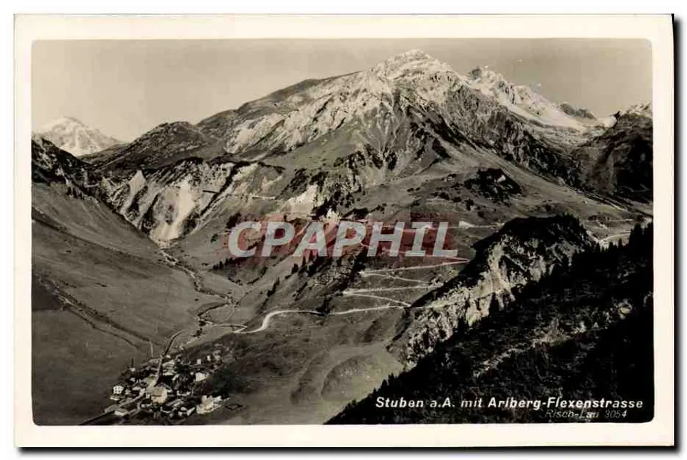Stuben a.A. com Arlberg-Flexenstrasse — vista panorâmica das montanhas nevadas — editor Risch-Lau, n° 3054 - Frente