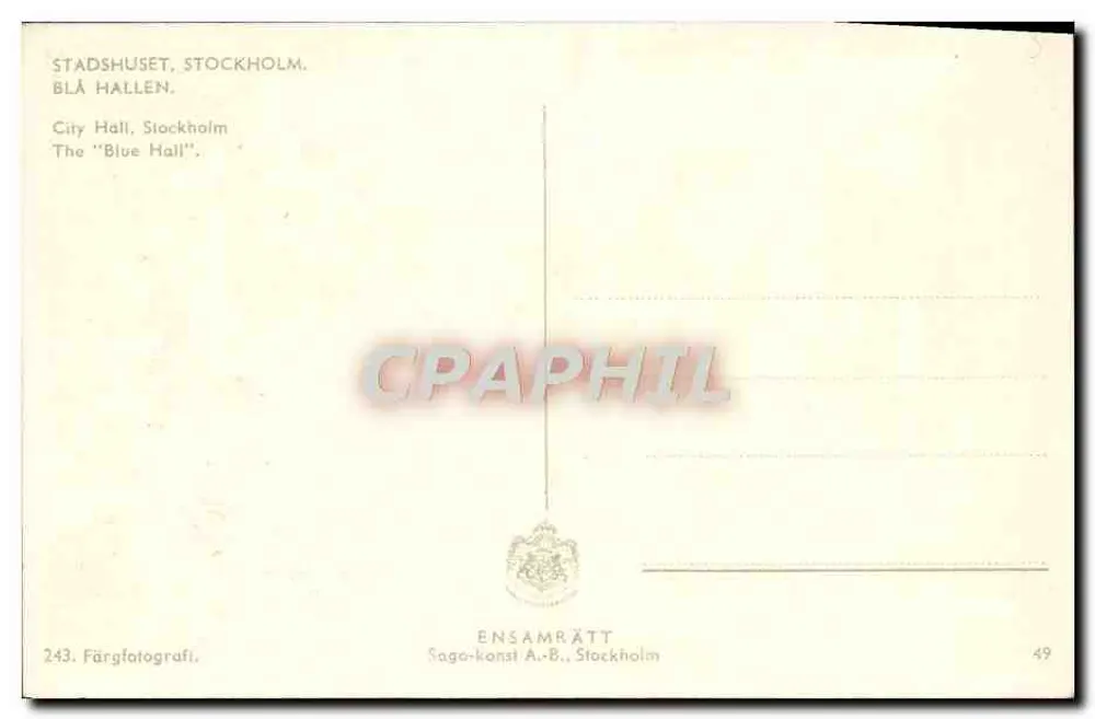 Ayuntamiento, Estocolmo — Sala Azul — Saga-konst A-B, Estocolmo, n° 243 - Reverso