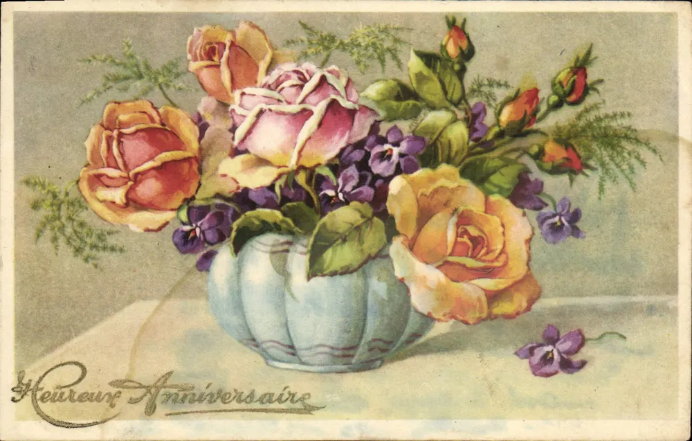 Arranjo de rosas e violetas — Aniversário — editor SP - Frente