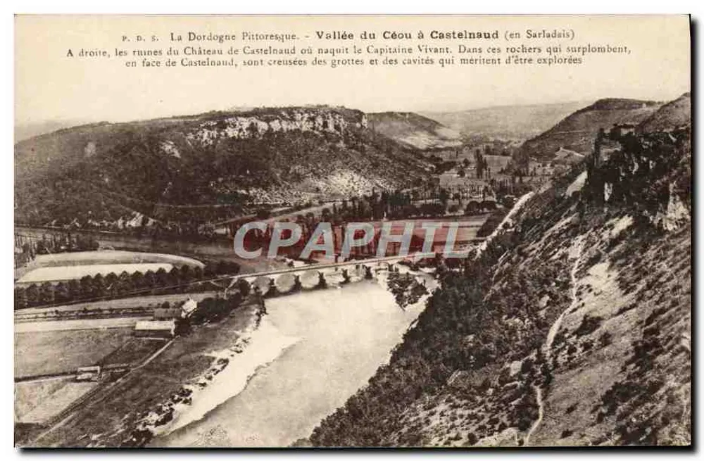 Tal des Céou bei Castelnau (im Sarladais) — Ruinen des Schlosses und Höhlen — Foto. P. Daudret-Arlat - Vorderseite