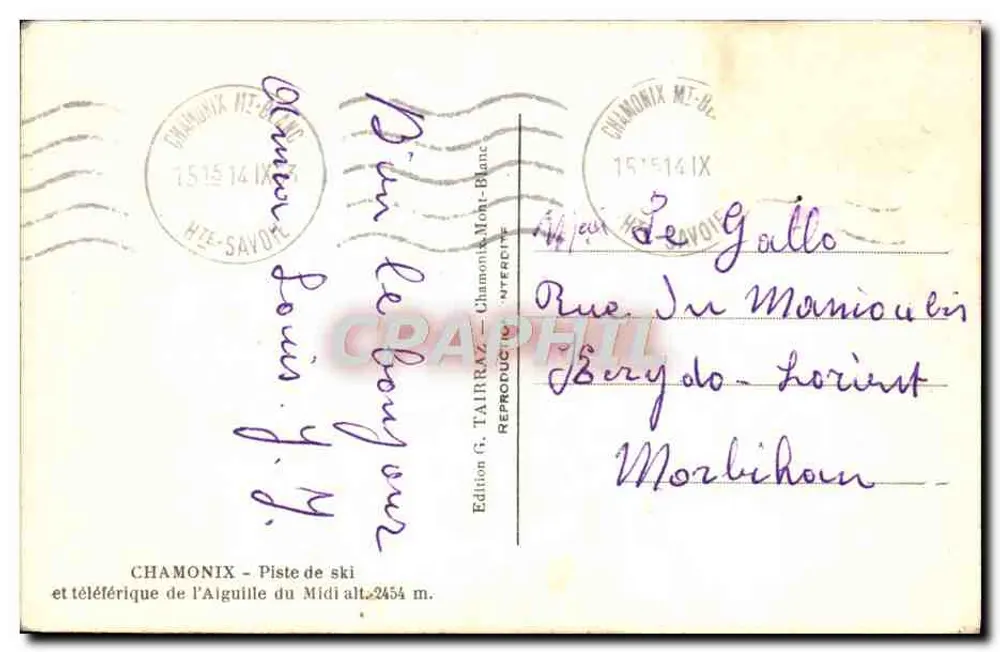 Chamonix - Skipiste und Seilbahn der Aiguille du Midi, Höhe 2454 m. — Edition F. Tairraz — Chamonix-Mont-Blanc - Rückseite
