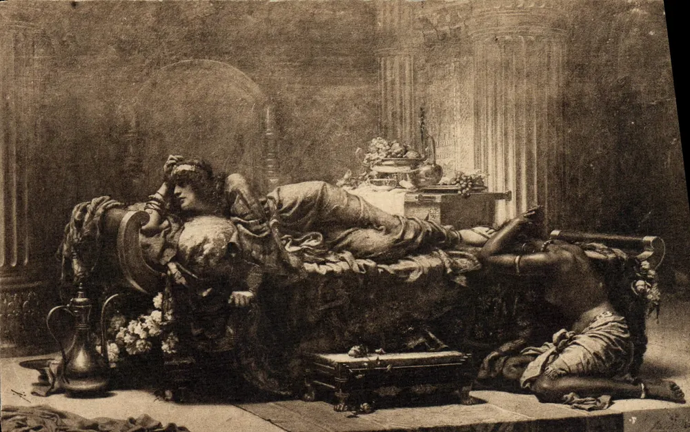 Mulher deitada em um divã — cena orientalista — Brye & Sonnsworth, Ltd. (Oldham Gallery — No. 614) - Frente
