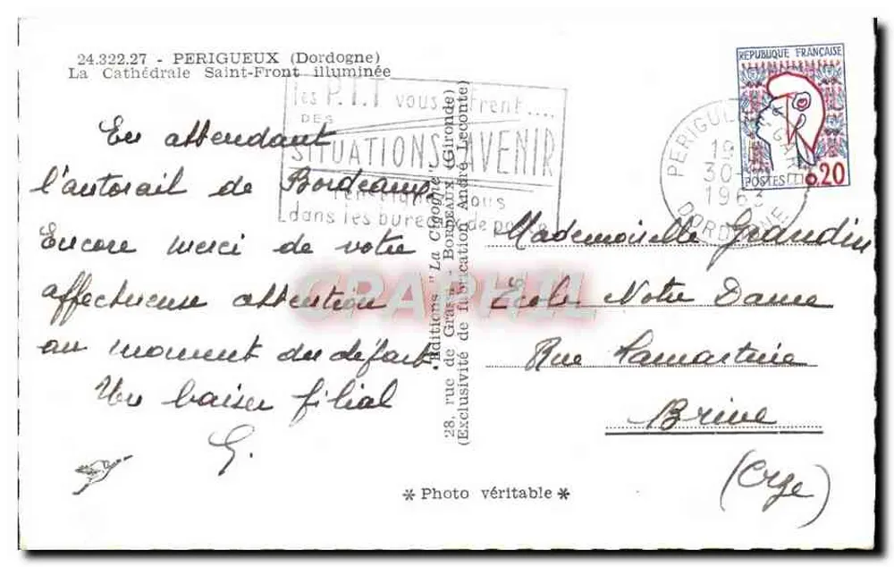 De Sint-Frontkathedraal verlicht — Perigueux (Dordogne) — uitgave 'Les P.T.T. vous prennent...' - Achterkant