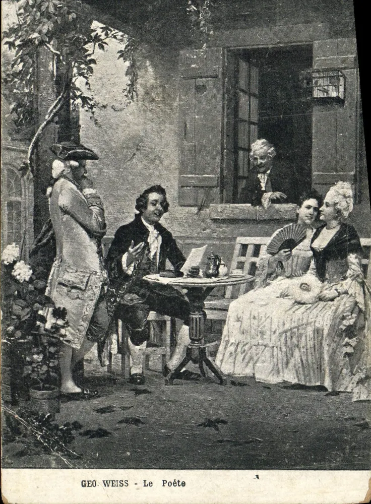 Le Poète — scène de jardin avec trois personnages et un observateur à la fenêtre — éditeur GEO. WEISS - Voorkant