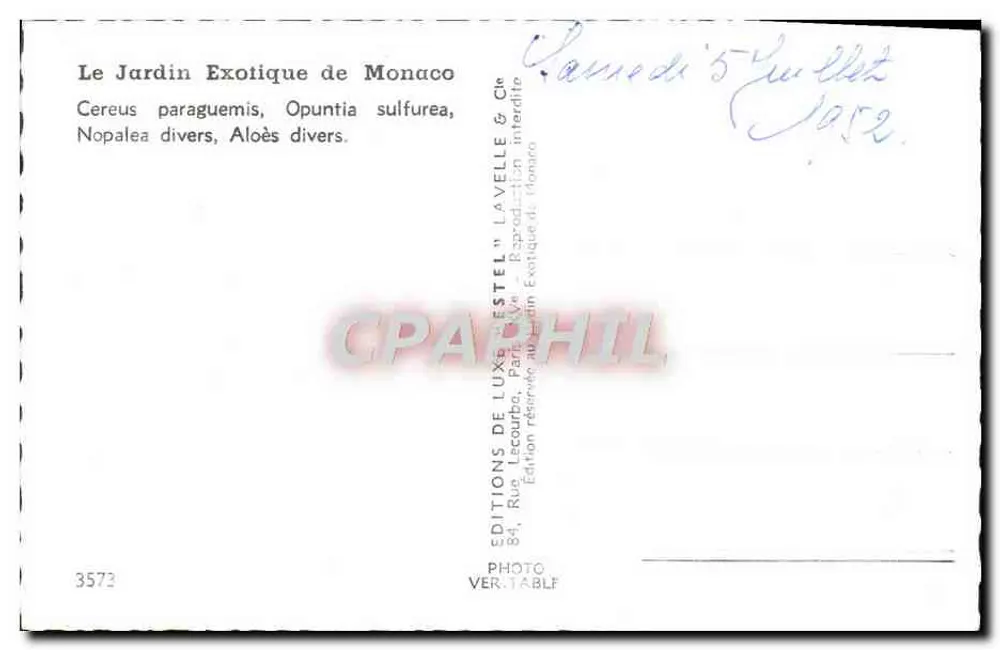 Exotischer Garten von Monaco — Kakteen und Sukkulenten — Éditions Lecourbo, n°3573 - Rückseite