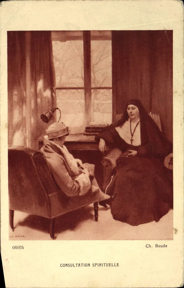 Consultation spirituelle — scène intérieure avec religieuse — Ch. Baude, n° 01024 - Frente
