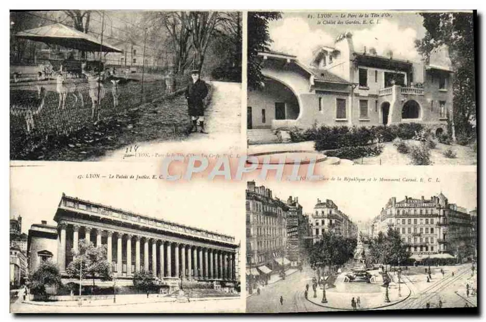 LYON — Vier Ansichten: Der Parc de la Tête d'Or, die Chaise des Gardes, das Palais de Justice, die Place de la République und das Monument Carnot — E. C. L. - Vorderseite